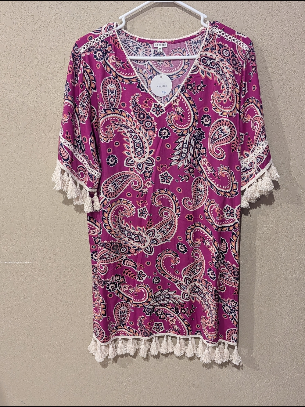 En Creme Fuchsia Paisley Tassel-Trim Mini Dress Viscose Cover Up New With Tag